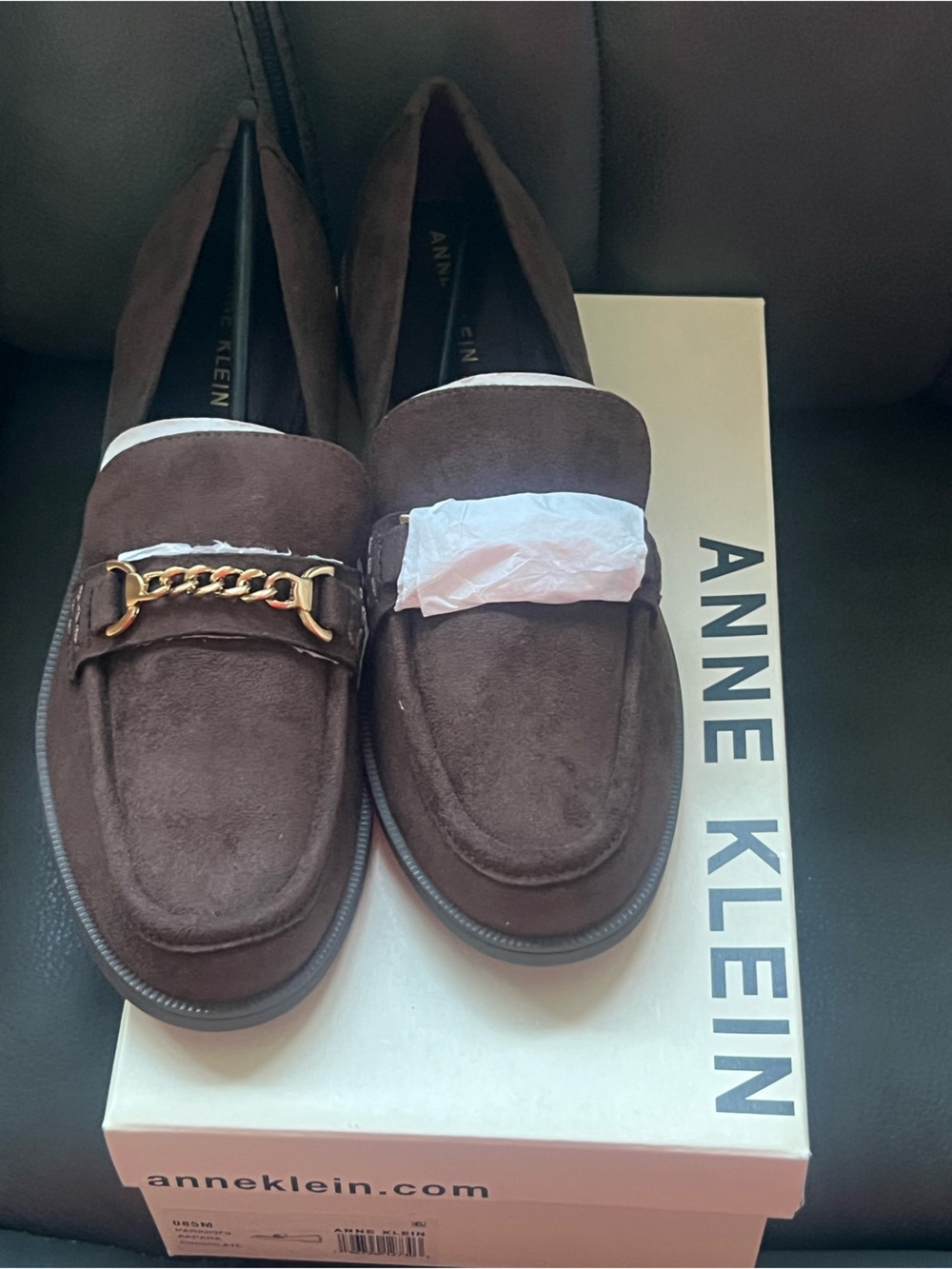 Anne Klein Dark Brown Suede Loafers with Gold Chain Trim